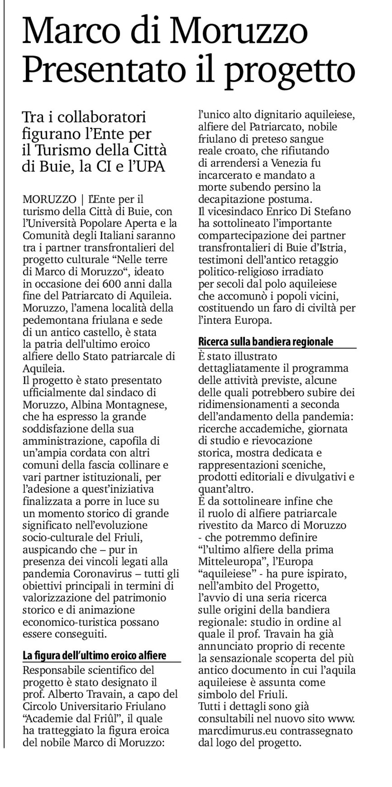 Presentazione del progetto Marco di Moruzzo su La voce del popolo